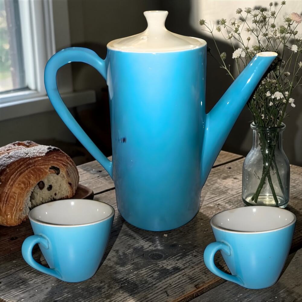 Vintage Blue Ceramic Coffee Pot Set with 2 Cups | Mid Century Modern Tea Set